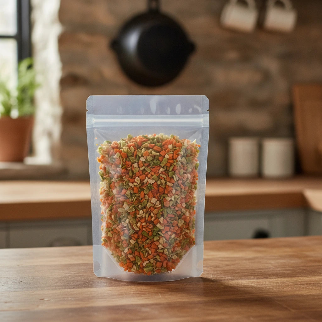 Vegetable Soup Blend | The herb/berry/powder/fruit/root/bark that is in the black bowl, i would like it to shown in a plastic stand up resalable pouch that is clear.