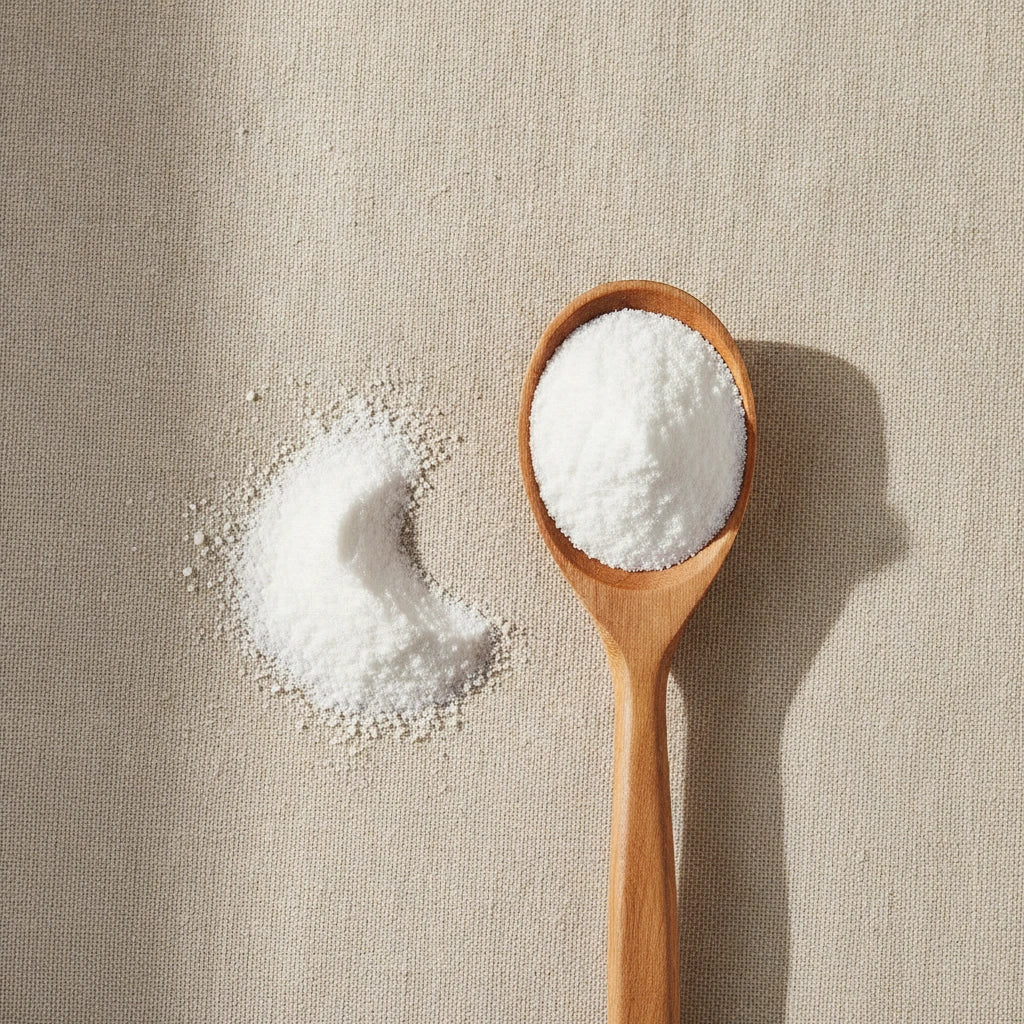 Vitamin C Powder (Ascorbic Acid) | Create a luxurious, photorealistic product photograph featuring the original product naturally arranged in an elegant handcrafted wooden spoon on a soft, finely