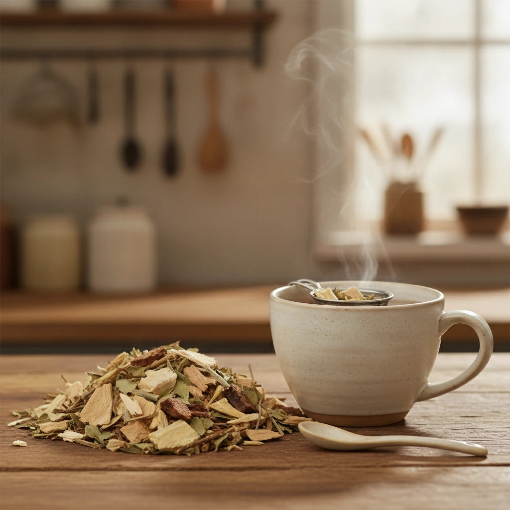 Weight Loss Herbal Tea | Can you show this tea outside of the bag and bowl, on a table next to a hot tea cup in a rustic home.