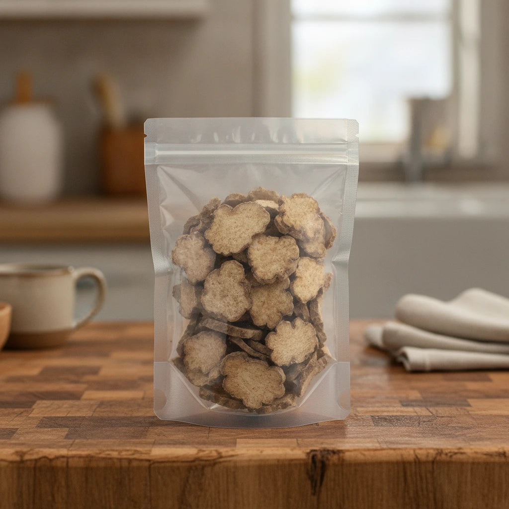White Atractylodes Rhizome Pieces (Atractylodes Macrocephala) | The herb/berry/powder/fruit/root/bark that is in the black bowl, i would like it to shown in a plastic stand up resalable pouch that is clear.