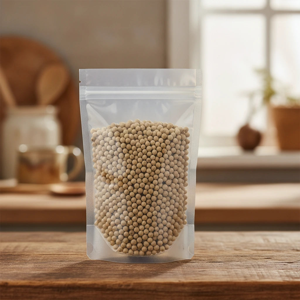 White Peppercorns Whole (Piper Nigrum) | The herb/berry/powder/fruit/root/bark that is in the black bowl, i would like it to shown in a plastic stand up resalable pouch that is clear.