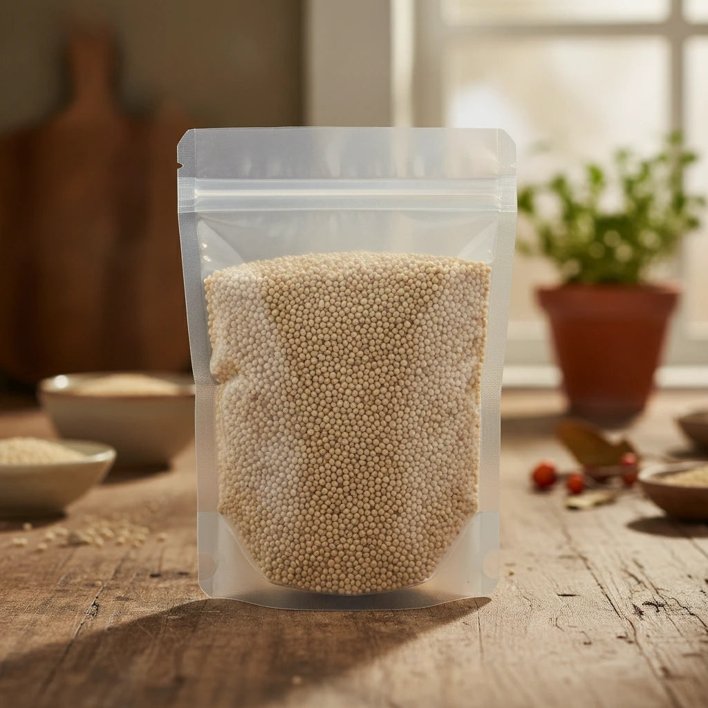 White Quinoa Seed Whole (Chenopodium Quinoa) | The herb/berry/powder/fruit/root/bark/seeds that is in the black bowl, i would like it to shown in a plastic stand up resalable pouch that is clear.