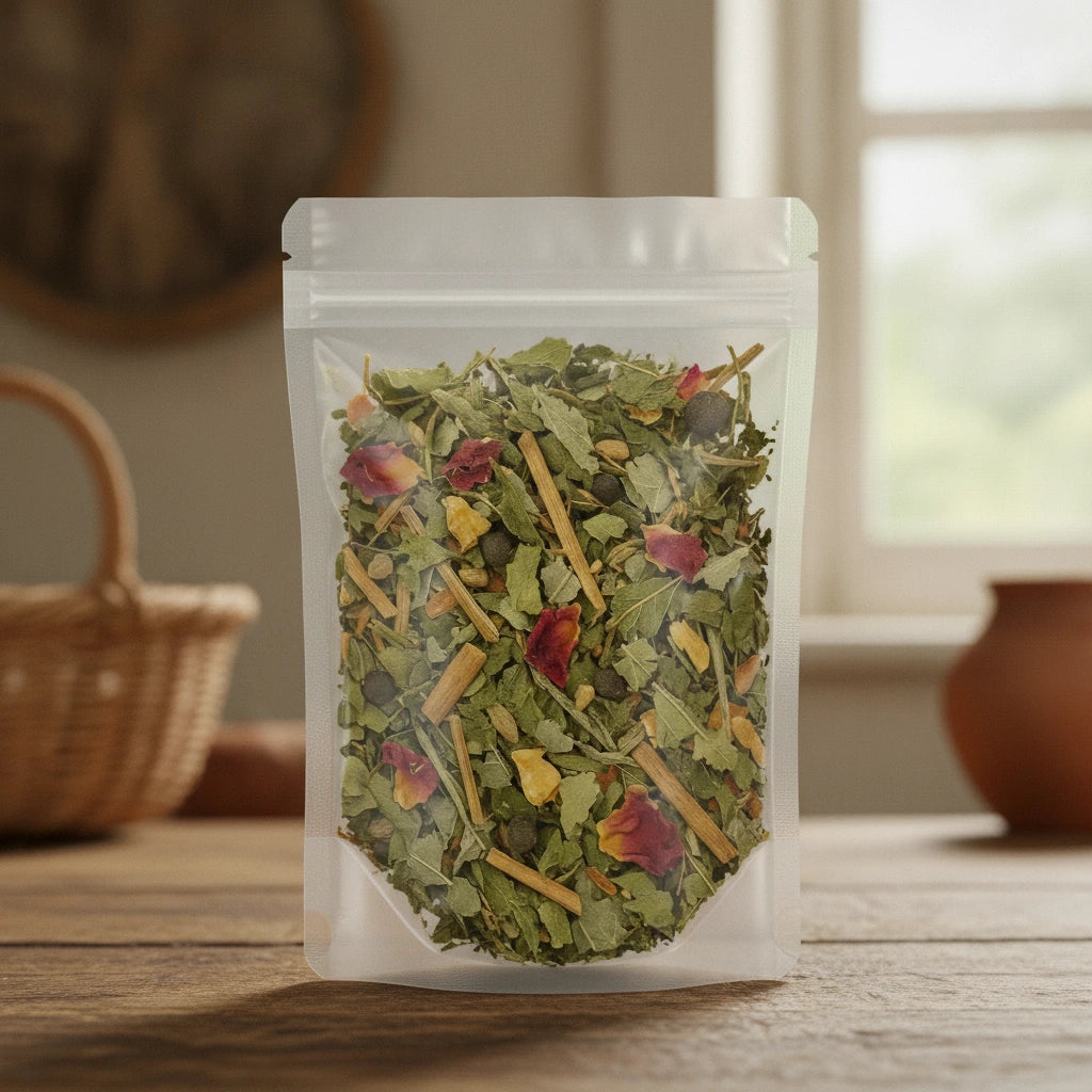 Wiccan Herbal Tea | The herb/berry/powder/fruit/root/bark that is in the black bowl, i would like it to shown in a plastic stand up resalable pouch that is clear.