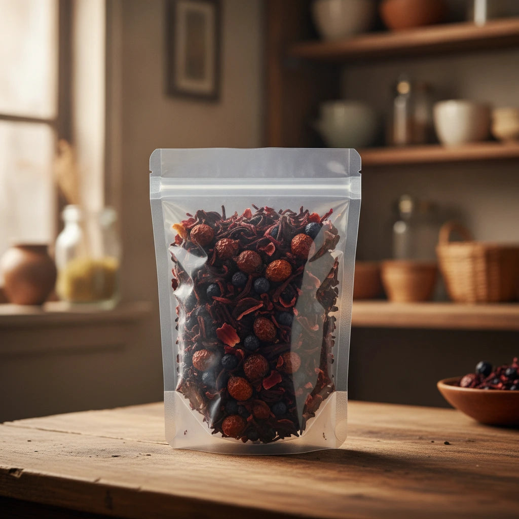 Wild Berry Herbal Tea | The herb/powder/tea that is in the black bowl, i would like it to shown in a plastic stand up resalable bag that is clear.