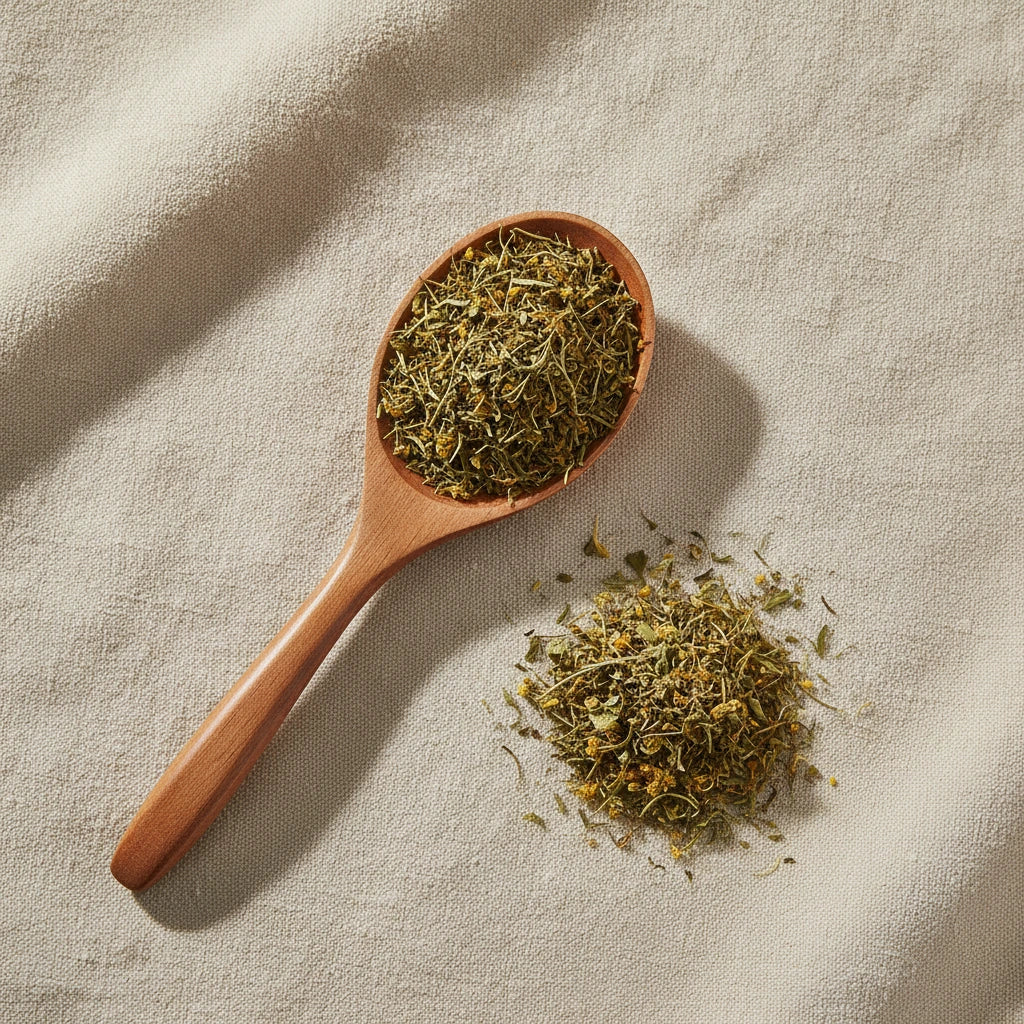 Wild Honeysuckle Flower Whole (Lonicera Hypoglauca) | Create a luxurious, photorealistic product photograph featuring the original product naturally arranged in an elegant handcrafted wooden spoon on a soft, finely