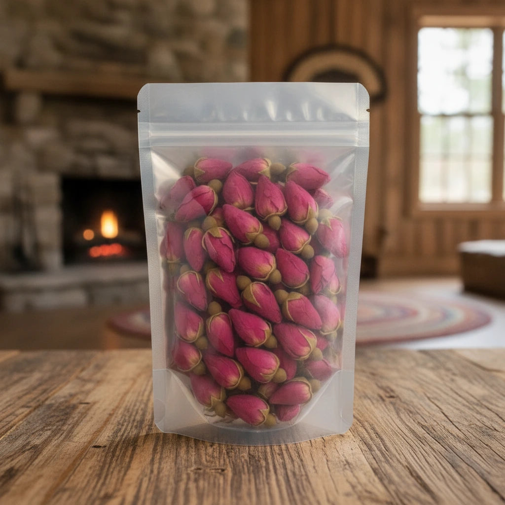 Wild Rose Buds (Rosa Rugosa) | The herb/berry/powder/fruit/root/bark that is in the black bowl, i would like it to shown in a plastic stand up resalable pouch that is clear.