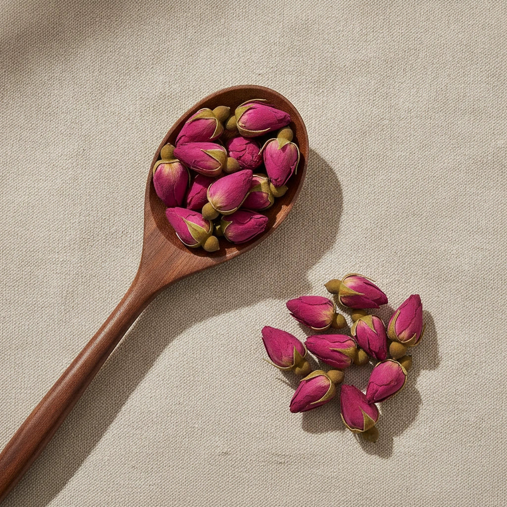 Wild Rose Buds (Rosa Rugosa) | Create a luxurious, photorealistic product photograph featuring the original product naturally arranged in an elegant handcrafted wooden spoon on a soft, finely