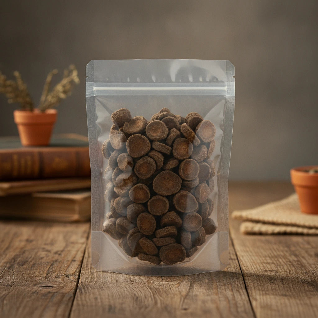 Wild Turmeric Rhizome Pieces (Curcuma Aromatica) | The herb/berry/powder/fruit/root/bark that is in the black bowl, i would like it to shown in a plastic stand up resalable pouch that is clear.