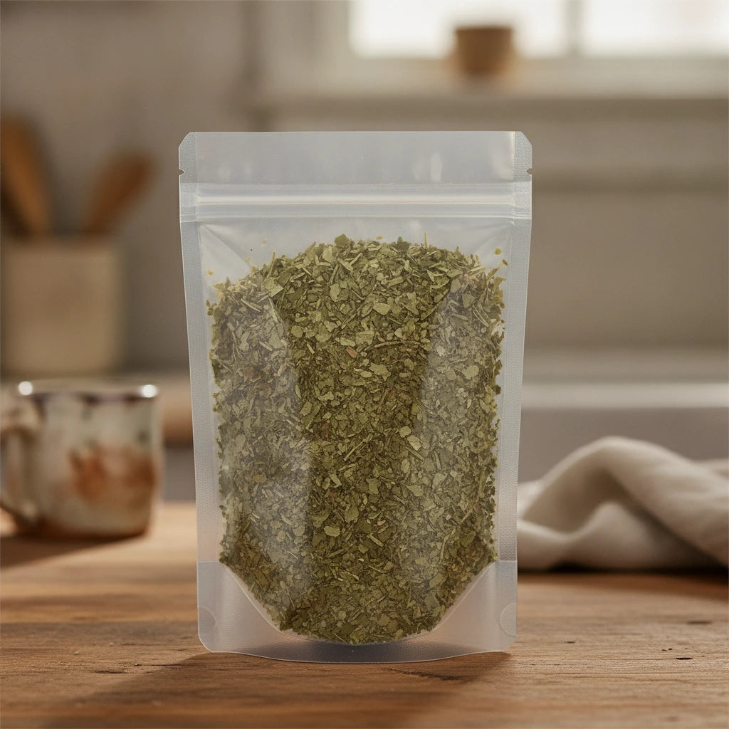 Wintergreen Leaf Cut (Gaultheria Fragrantissima) | The herb/berry/powder/fruit/root/bark that is in the black bowl, i would like it to shown in a plastic stand up resalable pouch that is clear.