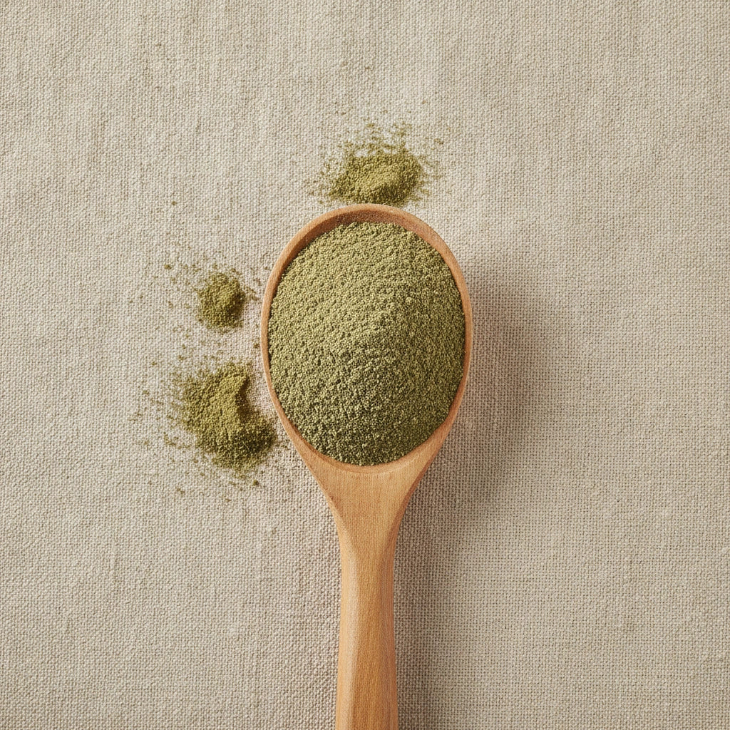 Witch Hazel Leaf Powder (Hamamelis Virginiana) | Create a luxurious, photorealistic product photograph featuring the original product naturally arranged in an elegant handcrafted wooden spoon on a soft, finely