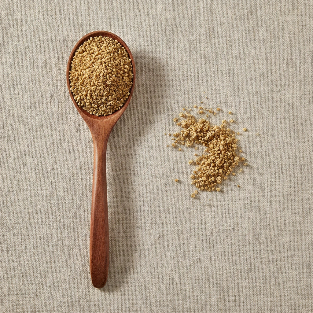 Yarrow Flowers Cut (Achilea Millefolium) | Create a luxurious, photorealistic product photograph featuring the original product naturally arranged in an elegant handcrafted wooden spoon on a soft, finely