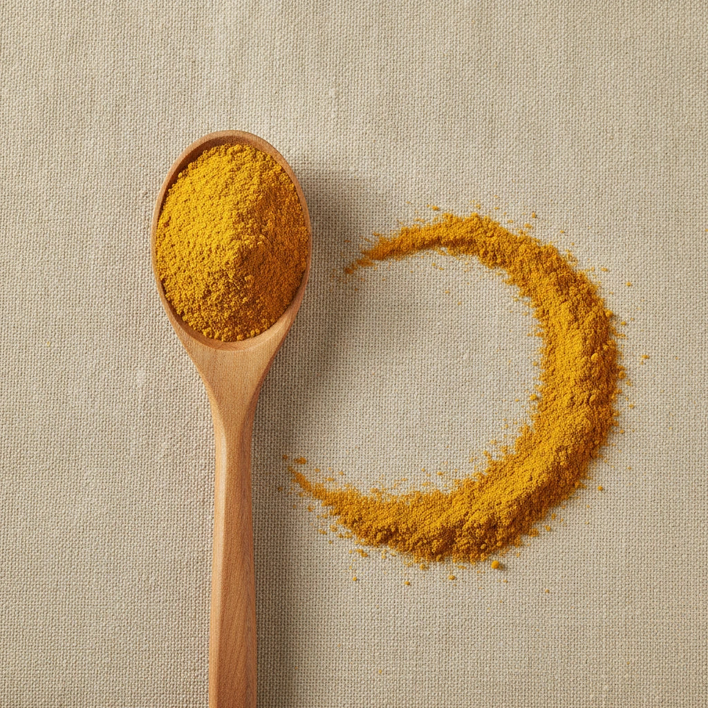 Yellow Sandalwood Powder (Santalum album) | Create a luxurious, photorealistic product photograph featuring the original product naturally arranged in an elegant handcrafted wooden spoon on a soft, finely
