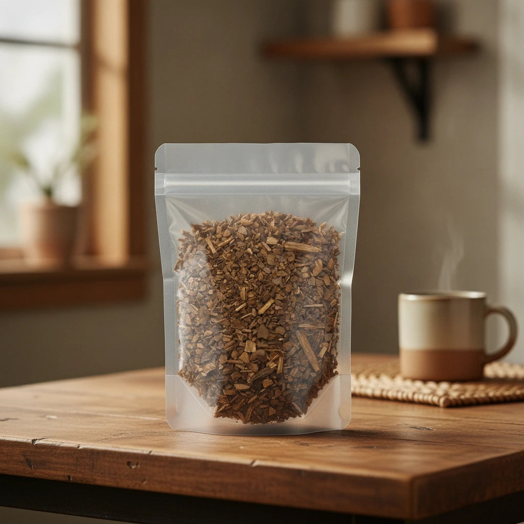 Yerba Mate Cut (Roasted) (Ilex Paraguariensis) | The herb/berry/powder/fruit/root/bark that is in the black bowl, i would like it to shown in a plastic stand up resalable pouch that is clear.
