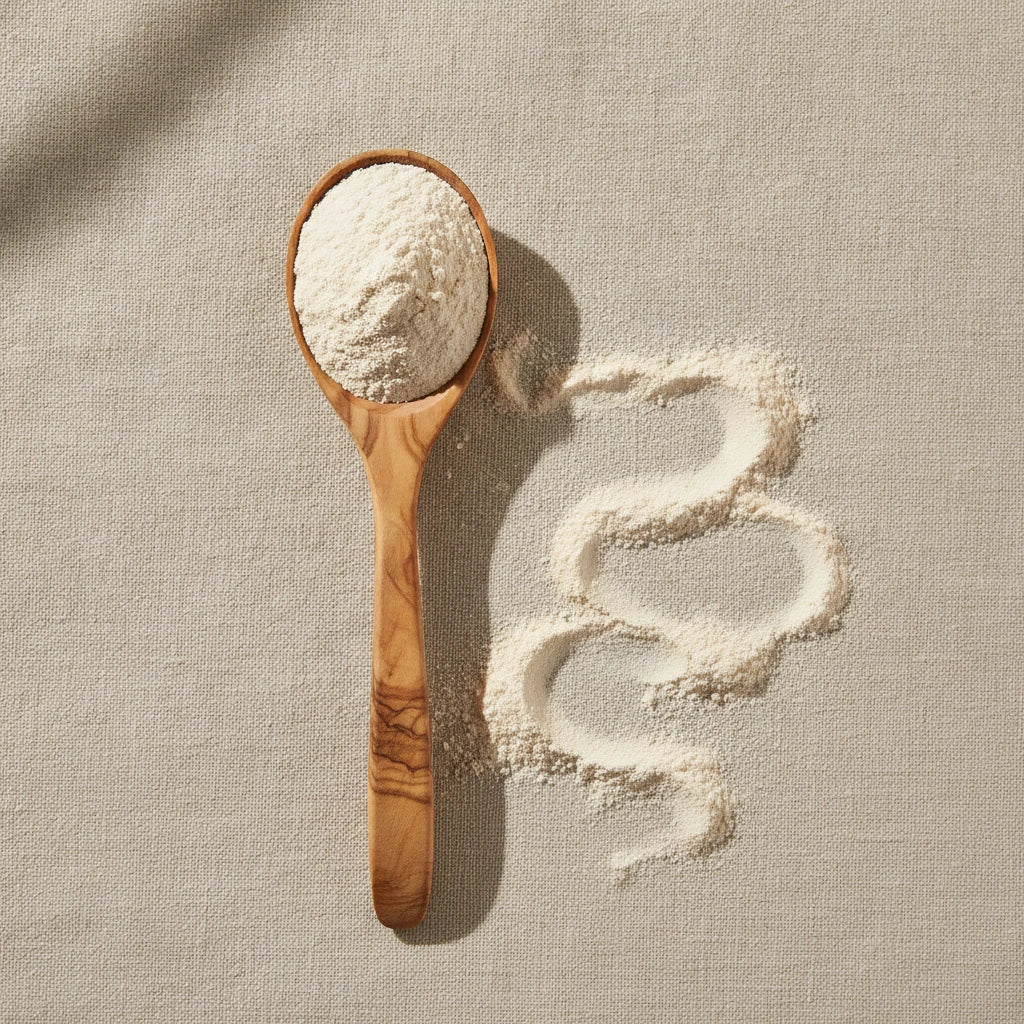 Yucca Root Powder (Yucca Schidigera) | Create a luxurious, photorealistic product photograph featuring the original product naturally arranged in an elegant handcrafted wooden spoon on a soft, finely