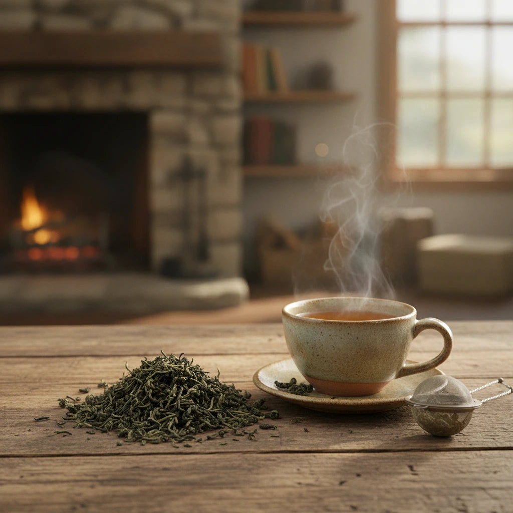 Yun Wu Cloud Mist Green Tea (Camellia Sinensis) | Can you show this tea outside of the bag and bowl, on a table next to a hot tea cup in a rustic home.