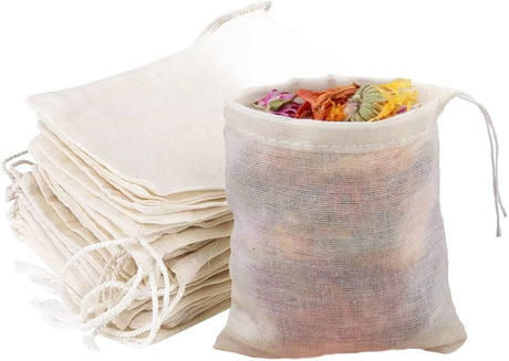 4" Reusable Cotton Tea Bag with Drawstring (Background Removed)