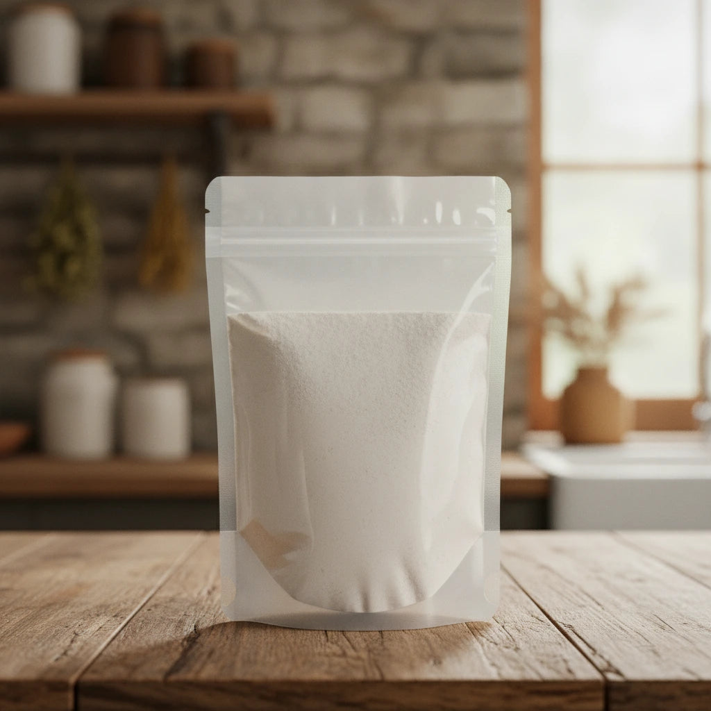AAKG Powder (L-Arginine Alpha-Ketoglutarate) | The herb/berry/powder/fruit/root/bark that is in the black bowl, i would like it to shown in a plastic stand up resalable pouch that is clear.
