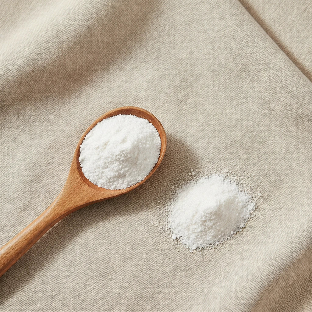 ALCAR HCl Powder (Acetyl-L-Carnitine Hydrochloride) | Create a luxurious, photorealistic product photograph featuring the original product naturally arranged in an elegant handcrafted wooden spoon on a soft, finely