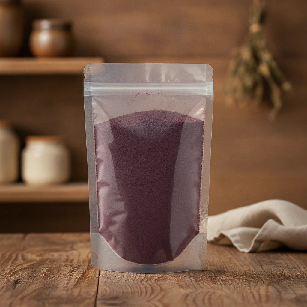 Acai Berry Extract Powder (Euterpe Oleracea) | The herb/berry/powder/fruit/root/bark that is in the black bowl, i would like it to shown in a plastic stand up resalable pouch that is clear.