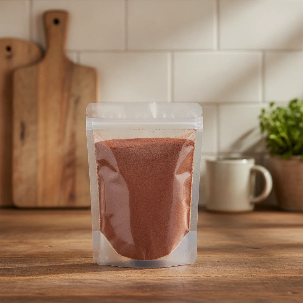 Acerola (Vitamin C) Powder (Malpighia Glabra) | The herb/berry/powder/fruit/root/bark that is in the black bowl, i would like it to shown in a plastic stand up resalable pouch that is clear.