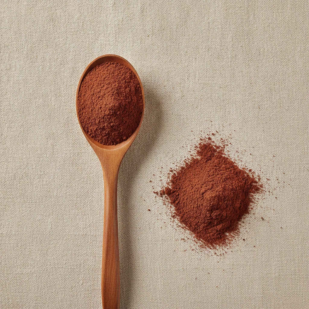 Acerola (Vitamin C) Powder (Malpighia Glabra) | Create a luxurious, photorealistic product photograph featuring the original product naturally arranged in an elegant handcrafted wooden spoon on a soft, finely