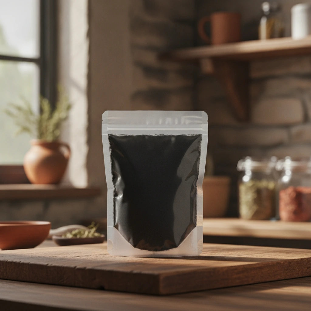 Activated Charcoal Powder (Activated carbon) | The herb/berry/powder/fruit/root/bark that is in the black bowl, i would like it to shown in a plastic stand up resalable pouch that is clear.