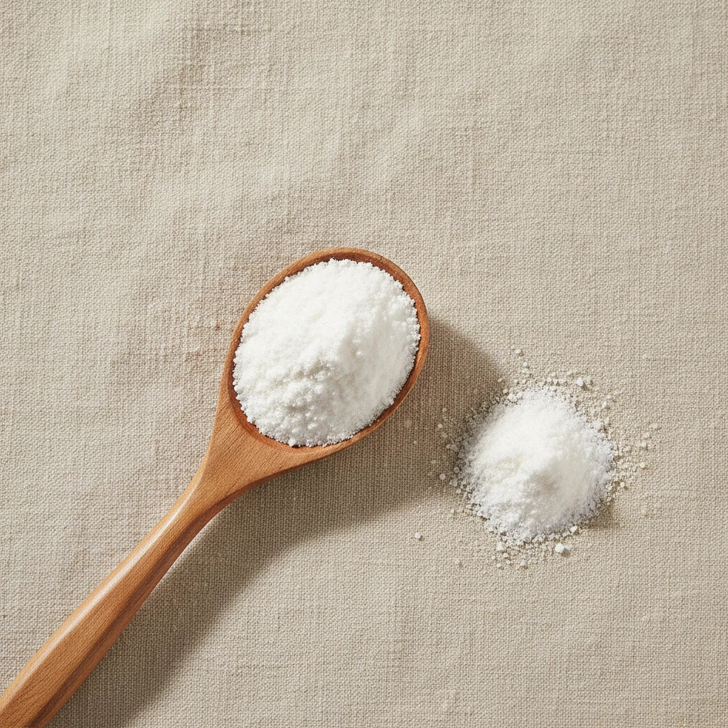 Agmatine Sulfate Powder (Agmatine Sulfate) | Create a luxurious, photorealistic product photograph featuring the original product naturally arranged in an elegant handcrafted wooden spoon on a soft, finely