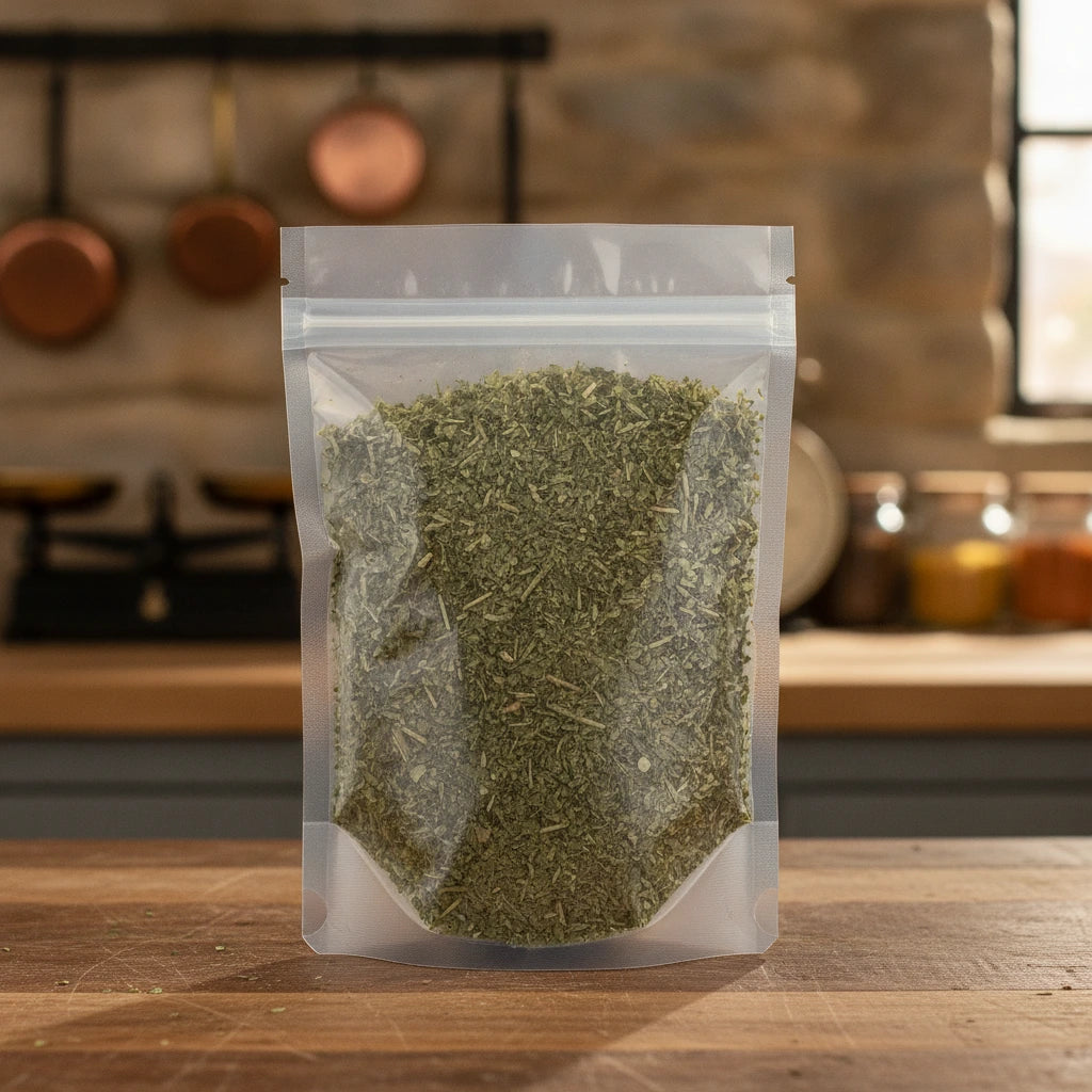Agrimony Herb Cut (Agrimonia Eupatoria) | The herb/berry/powder/fruit/root/bark that is in the black bowl, i would like it to shown in a plastic stand up resalable pouch that is clear.