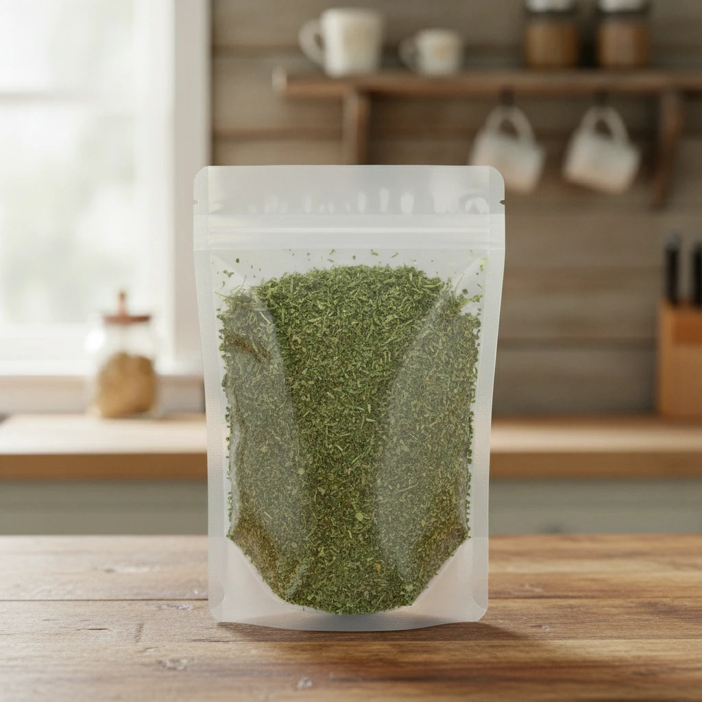 Alfalfa Leaf Cut (Medicago Sativa) | The herb/berry/powder/fruit/root/bark that is in the black bowl, i would like it to shown in a plastic stand up resalable pouch that is clear.