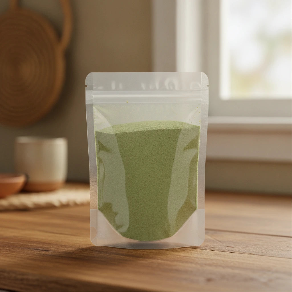 Alfalfa Leaf Powder (Medicago Sativa) | The herb/berry/powder/fruit/root/bark that is in the black bowl, i would like it to shown in a plastic stand up resalable pouch that is clear.
