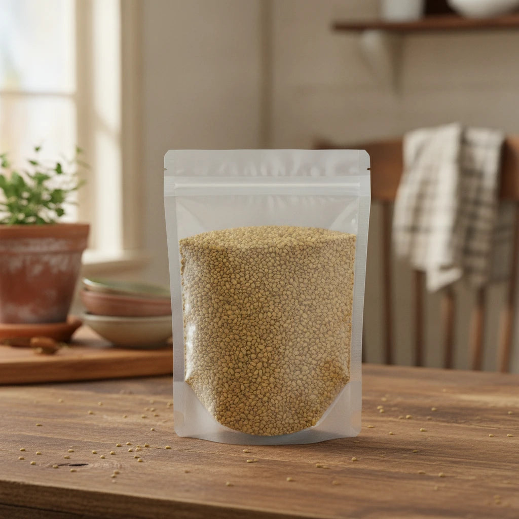 Alfalfa Seed Whole (Medicago Sativa) | The herb/berry/powder/fruit/root/bark/seeds that is in the black bowl, i would like it to shown in a plastic stand up resalable pouch that is clear.