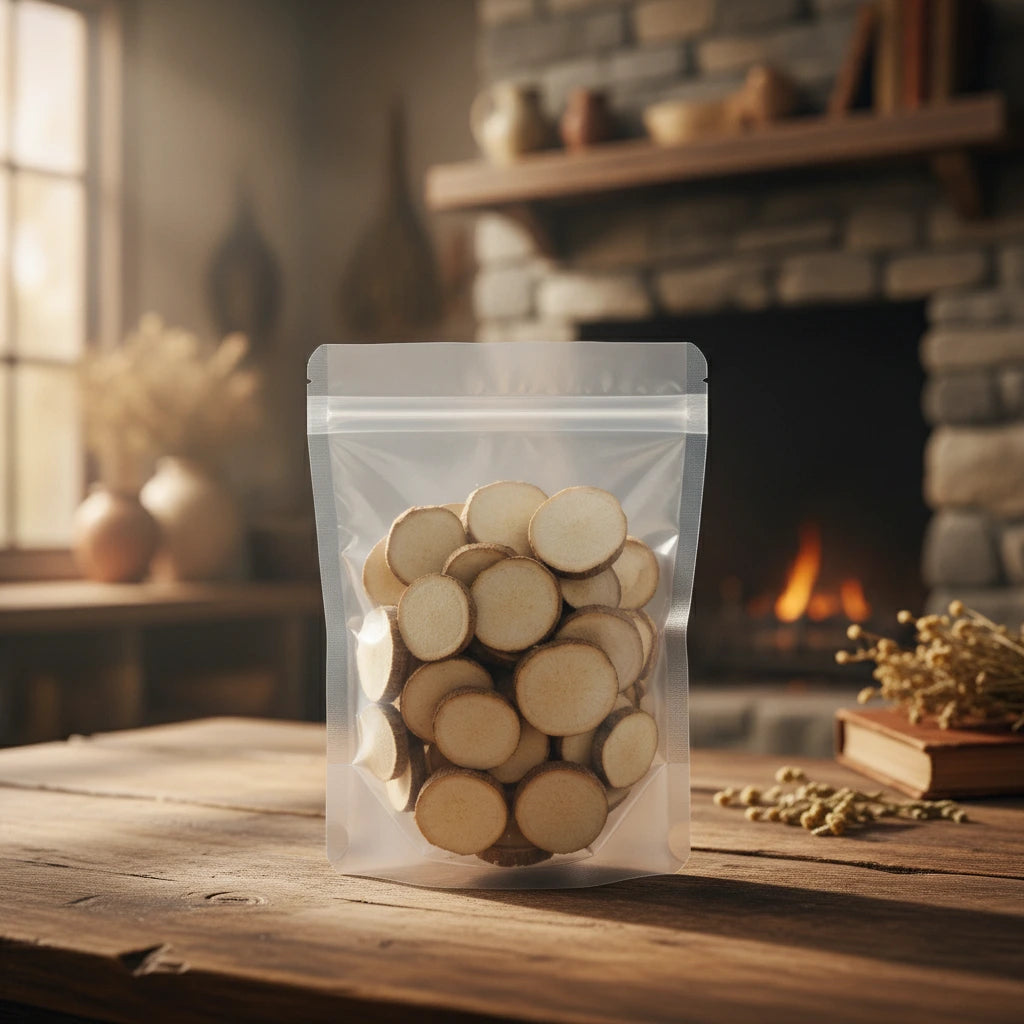 Alisma Rhizome Pieces (Alisma Orientale) | The herb/berry/powder/fruit/root/bark that is in the black bowl, i would like it to shown in a plastic stand up resalable pouch that is clear.