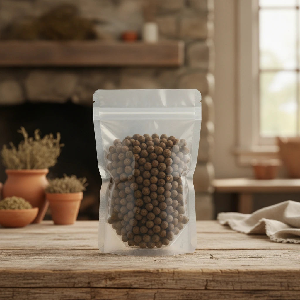 Allspice Berries Whole (Jamaican) (Pimenta Dioica) | The herb/berry/powder/fruit that is in the black bowl, i would like it to shown in a plastic stand up resalable bag that is clear.