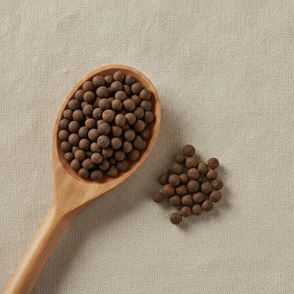 Allspice Berries Whole (Jamaican) (Pimenta Dioica) | Create a luxurious, photorealistic product photograph featuring the original product naturally arranged in an elegant handcrafted wooden spoon on a soft, finely