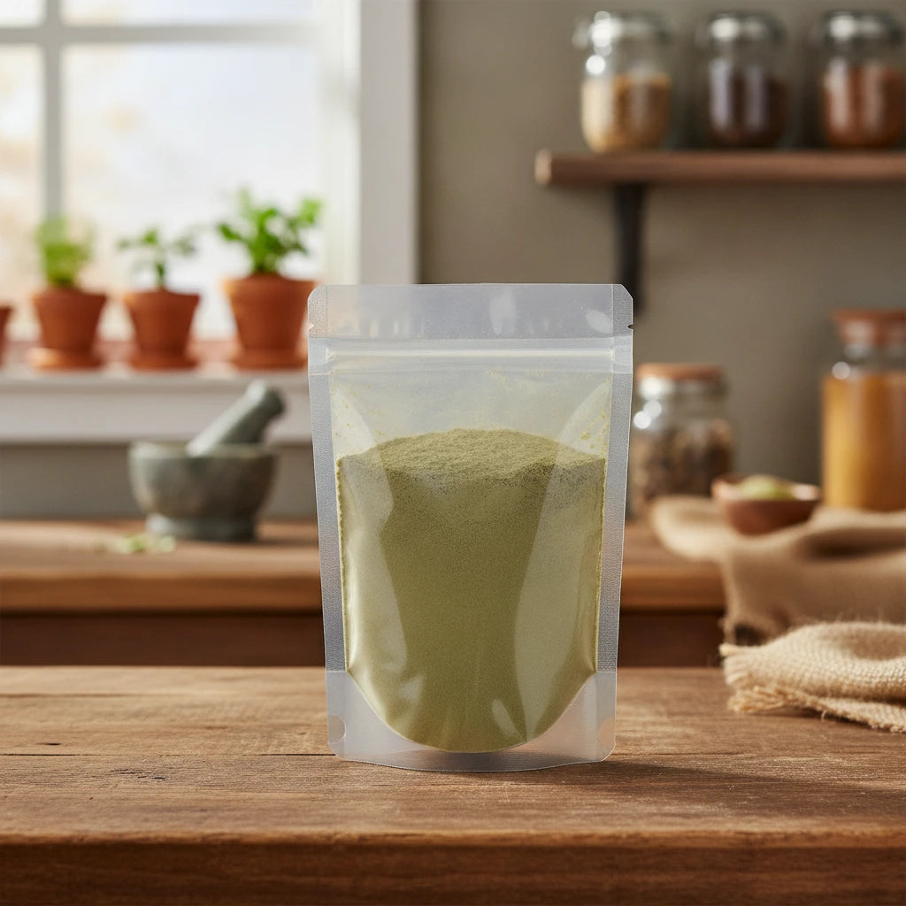 Aloe Powder (Aloe Ferox) | The herb/berry/powder/fruit/root/bark that is in the black bowl, i would like it to shown in a plastic stand up resalable pouch that is clear.