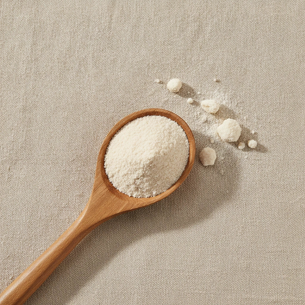 Alpha GPC Powder (L-Alpha Glycerylphosphorylcholine) | Create a luxurious, photorealistic product photograph featuring the original product naturally arranged in an elegant handcrafted wooden spoon on a soft, finely