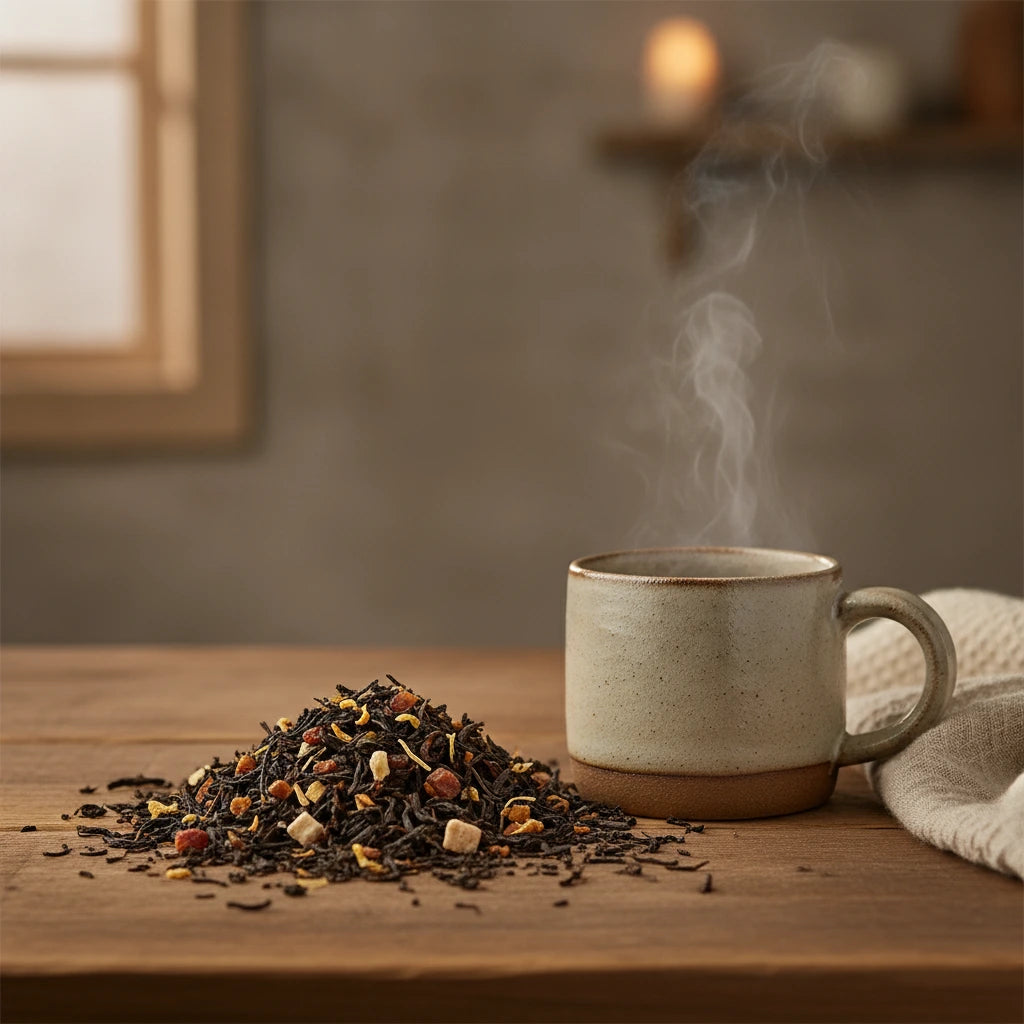 Ambrosia Black Tea (Camellia Sinensis) | Can you show this tea outside of the bag and bowl, on a table next to a hot tea cup in a rustic home.