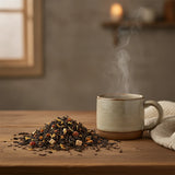 Ambrosia Black Tea (Camellia Sinensis) | Can you show this tea outside of the bag and bowl, on a table next to a hot tea cup in a rustic home.