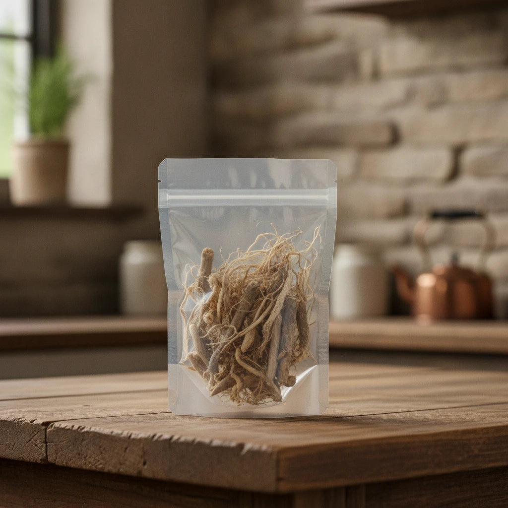 Anamu Root Whole (Petiveria Alliacea) | The herb/berry/powder/fruit/root/bark that is in the black bowl, i would like it to shown in a plastic stand up resalable pouch that is clear.