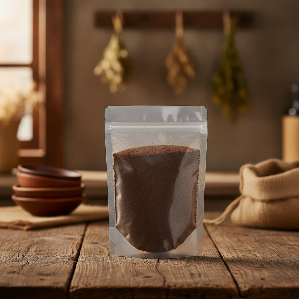 Ancho Chili Powder (Capsicum Annuum) | The herb/berry/powder/fruit/root/bark that is in the black bowl, i would like it to shown in a plastic stand up resalable pouch that is clear.
