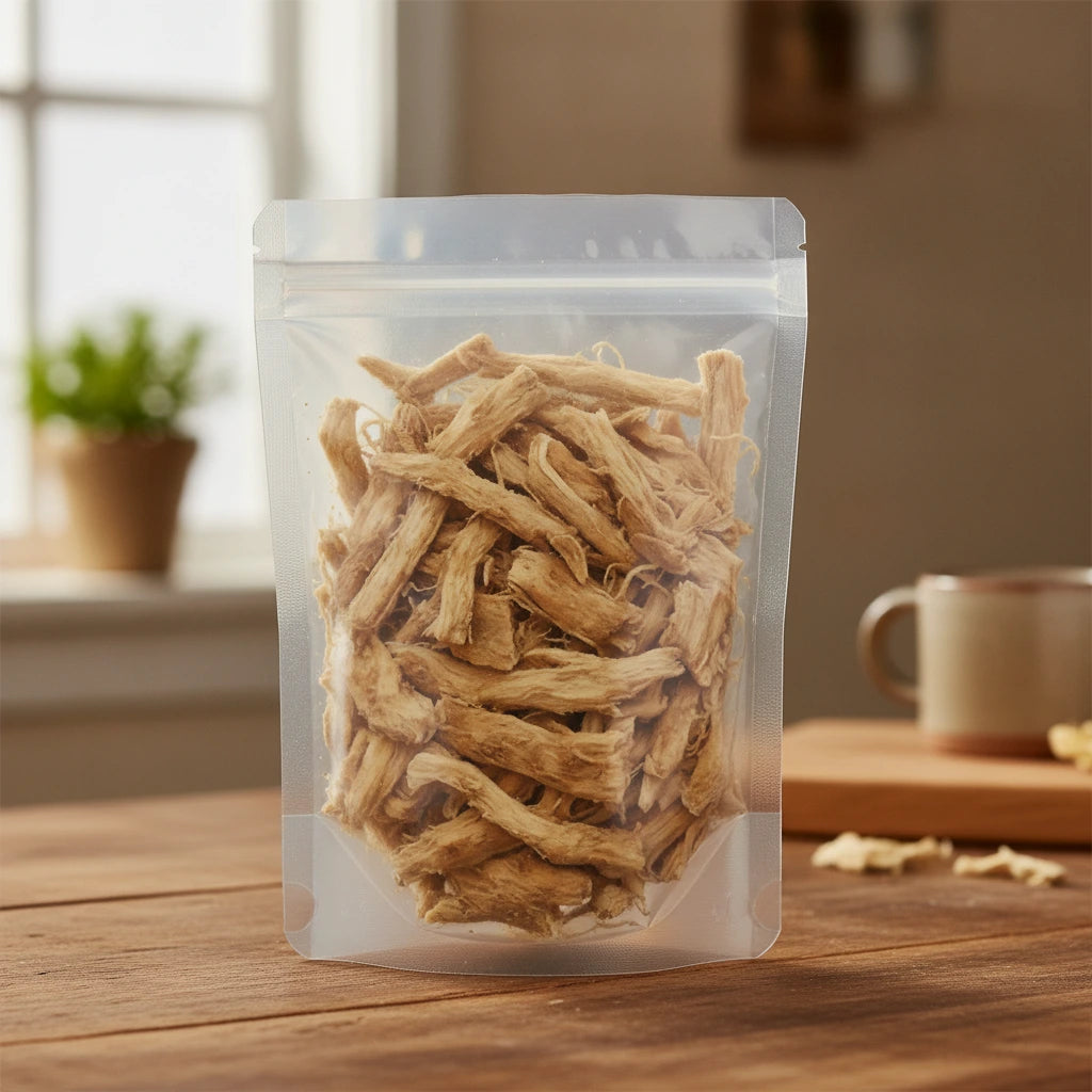 Anemarrhena Rhizome Pieces (Anemarrhena Asphodeloides) | The herb/berry/powder/fruit/root/bark that is in the black bowl, i would like it to shown in a plastic stand up resalable pouch that is clear.
