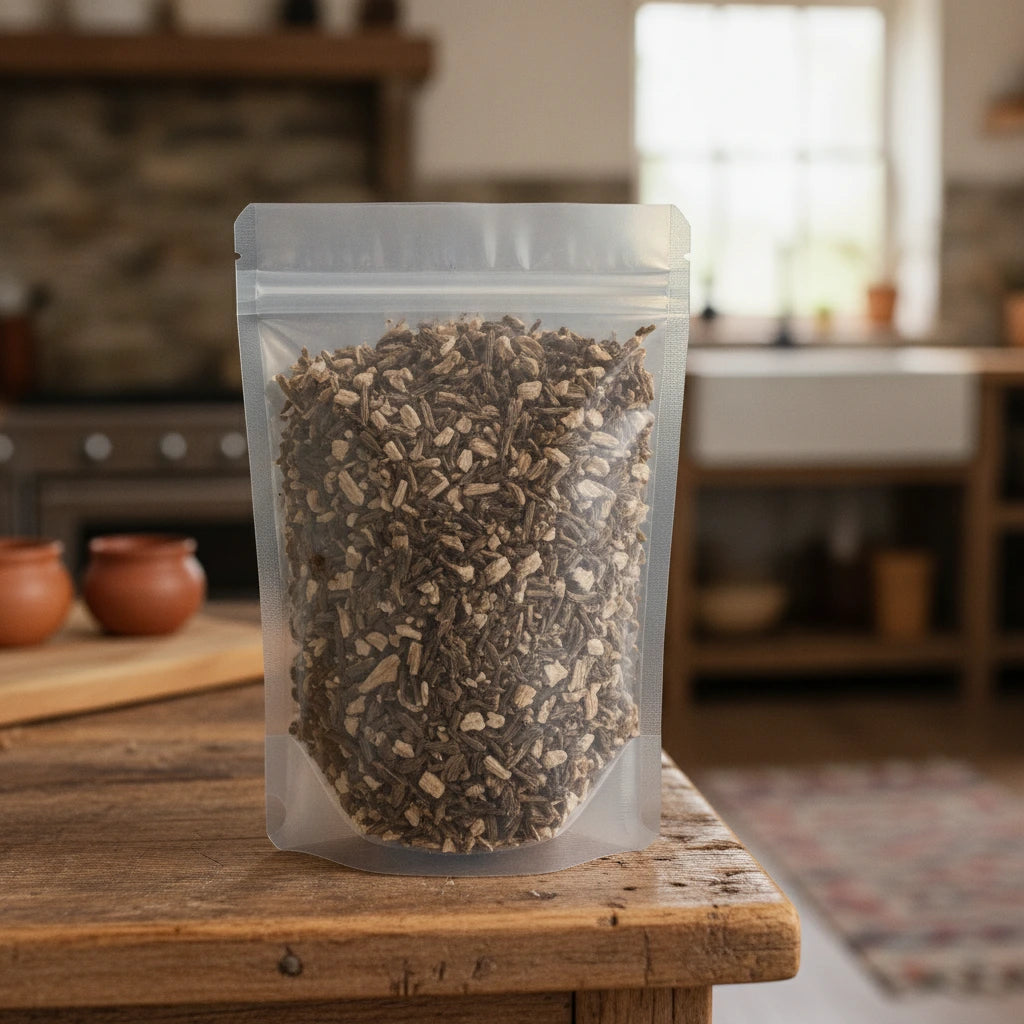 Angelica Root Cut (Angelica Archangelica) | The herb/berry/powder/fruit/root/bark that is in the black bowl, i would like it to shown in a plastic stand up resalable pouch that is clear.