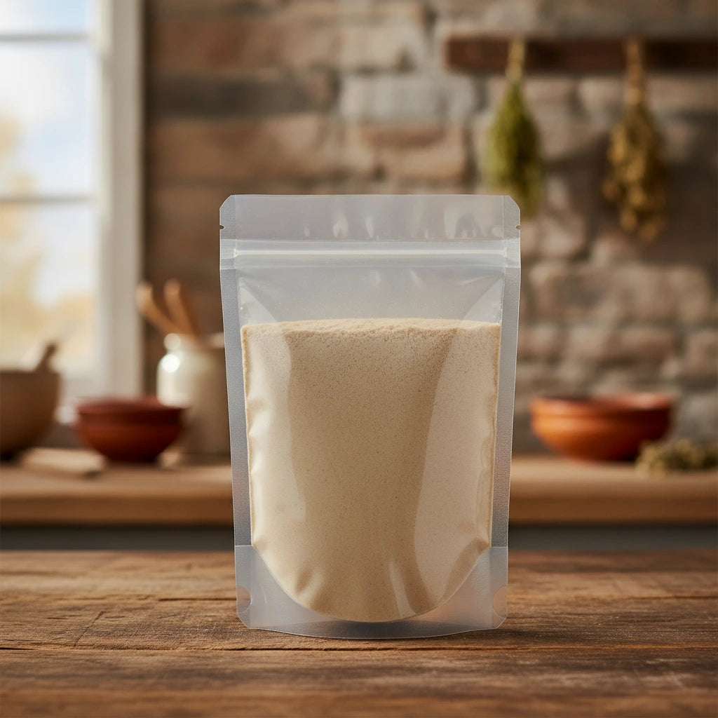 Angelica Root Powder (Angelica Archangelica) | The herb/berry/powder/fruit/root/bark that is in the black bowl, i would like it to shown in a plastic stand up resalable pouch that is clear.