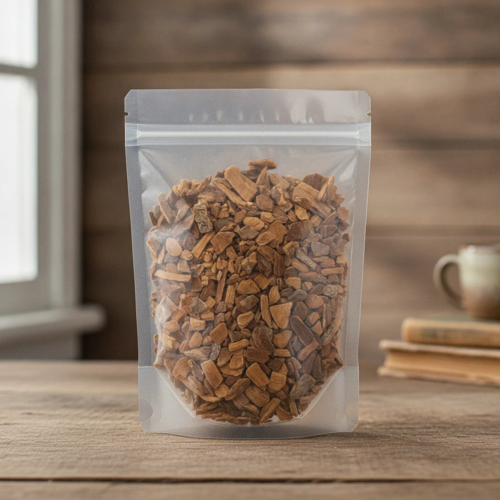Angostura Bark Cut (Angostura Trifoliata) | The herb/berry/powder/fruit/root/bark that is in the black bowl, i would like it to shown in a plastic stand up resalable pouch that is clear.