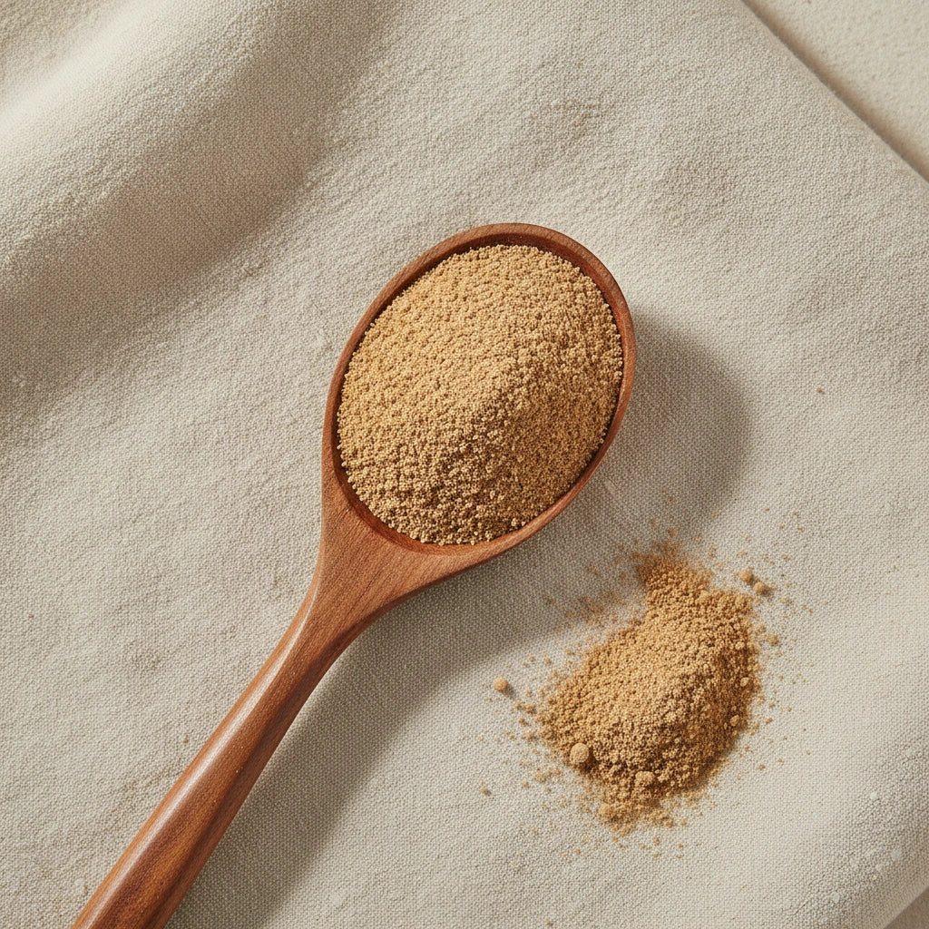 Anise Seed Powder (Pimpinella Anisum) | Create a luxurious, photorealistic product photograph featuring the original product naturally arranged in an elegant handcrafted wooden spoon on a soft, finely