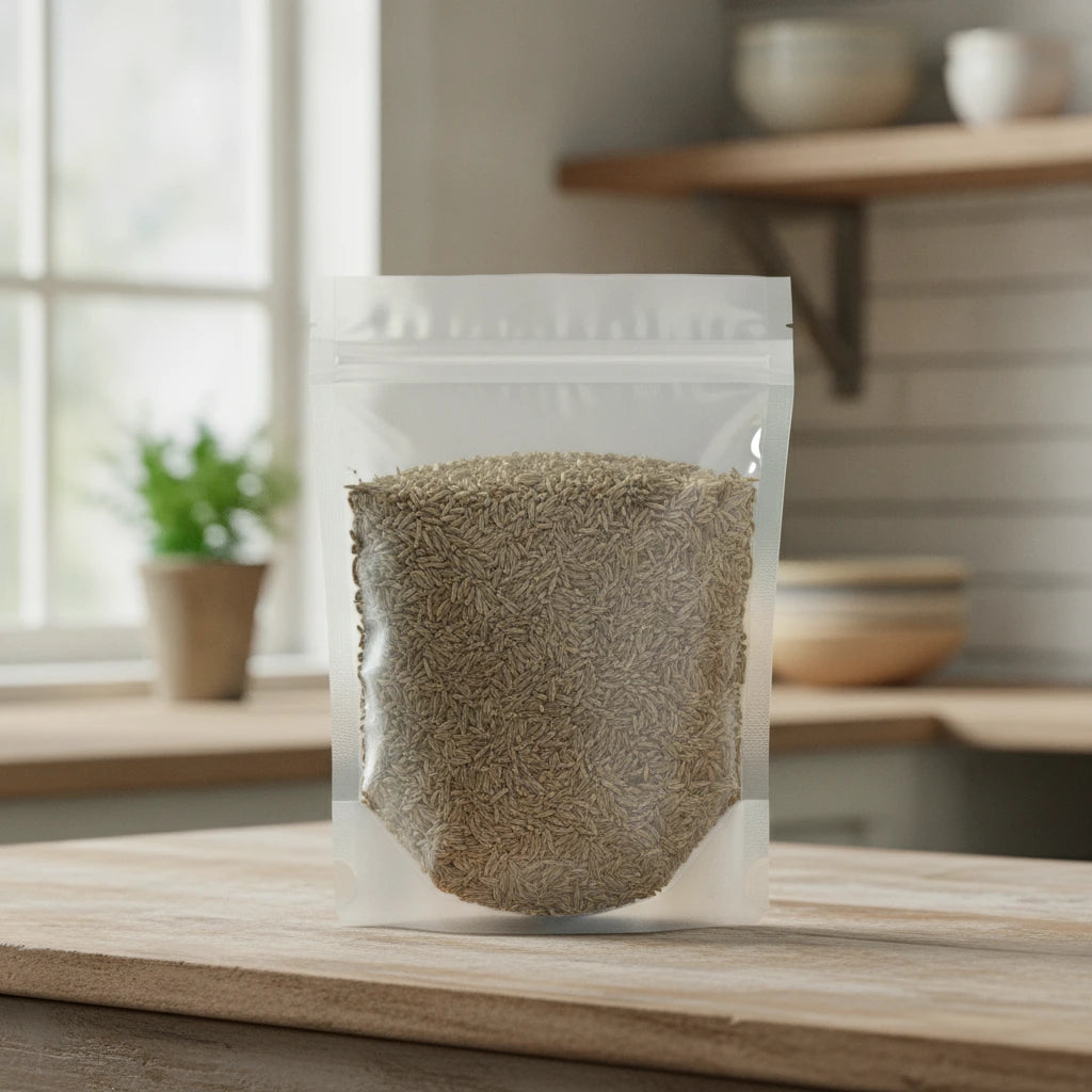 Anise Seed Whole (Pimpinella Anisum) | The herb/berry/powder/fruit/root/bark/seeds that is in the black bowl, i would like it to shown in a plastic stand up resalable pouch that is clear.