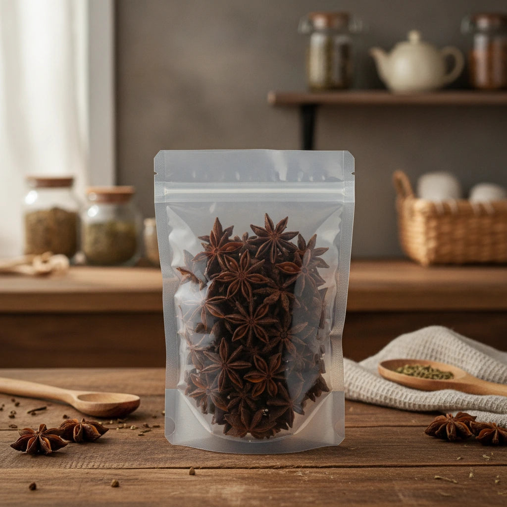 Anise Star Whole (Ilicium Verum) | The herb/berry/powder/fruit/root/bark that is in the black bowl, i would like it to shown in a plastic stand up resalable pouch that is clear.