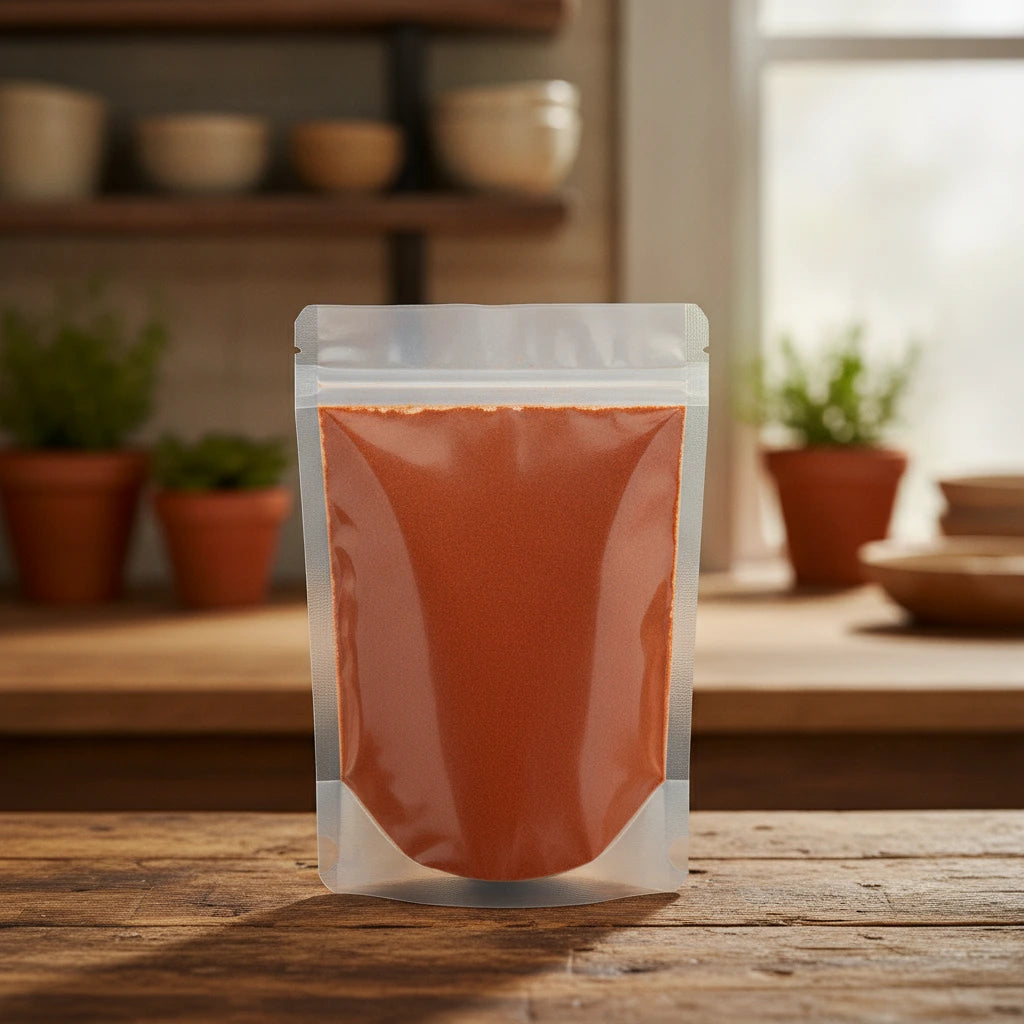 Annatto Seed Powder (Bixa Orellana) | The herb/berry/powder/fruit/root/bark that is in the black bowl, i would like it to shown in a plastic stand up resalable pouch that is clear.