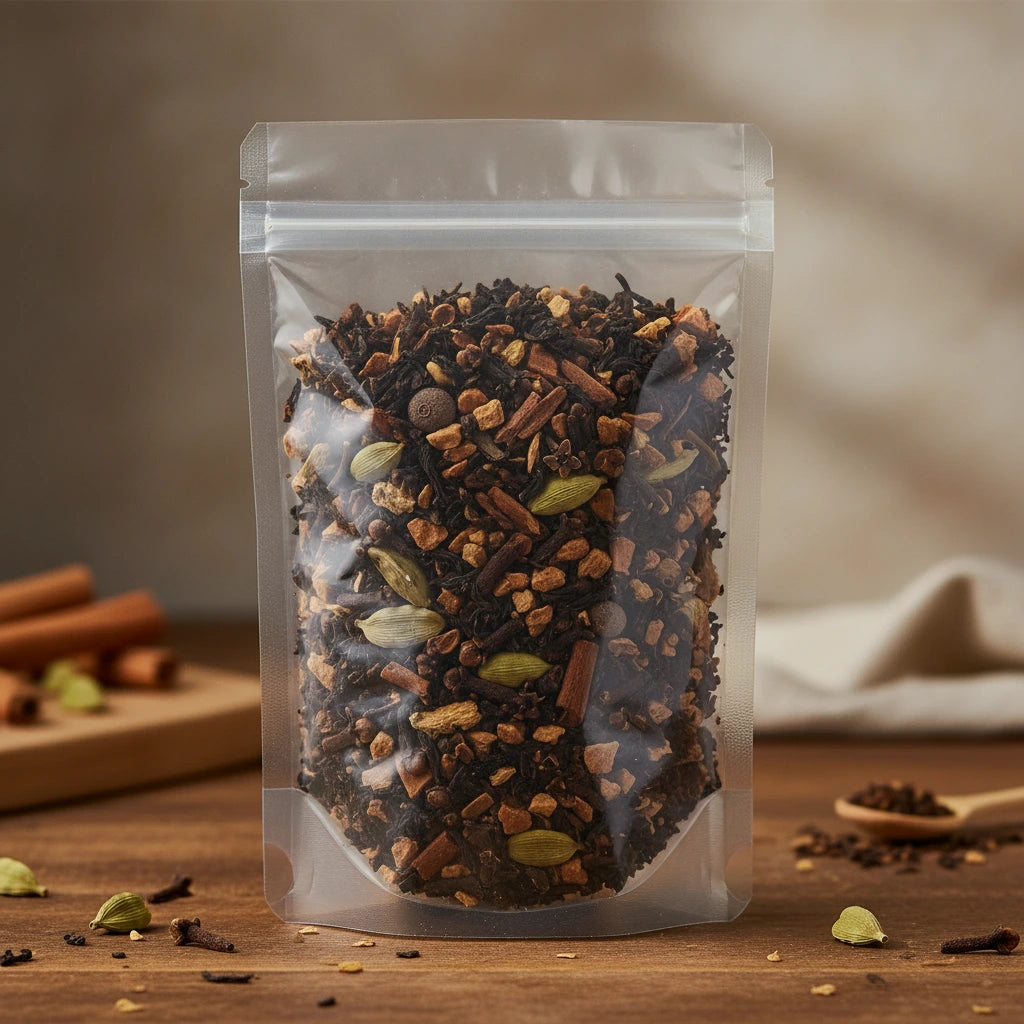 Apple Cinnamon Herbal Tea (Aspalathus Linearis) | The herb/powder/tea that is in the black bowl, i would like it to shown in a plastic stand up resalable bag that is clear.