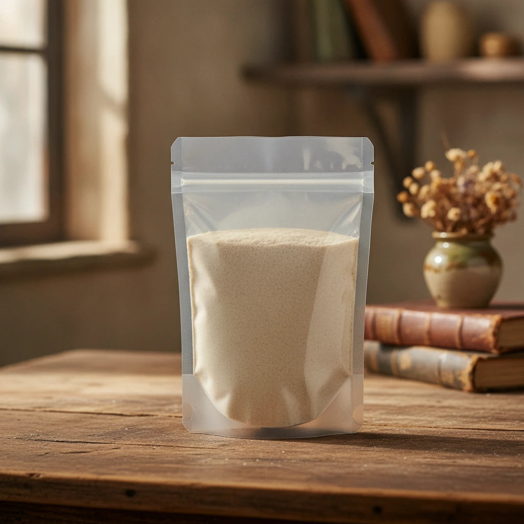 Apple Fiber Powder (Malus Domestica) | The herb/berry/powder/fruit/root/bark that is in the black bowl, i would like it to shown in a plastic stand up resalable pouch that is clear.
